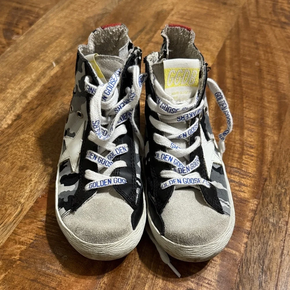 Golden Goose Kids Camo High-Top Sneakers in Black, Gray, White, Yellow